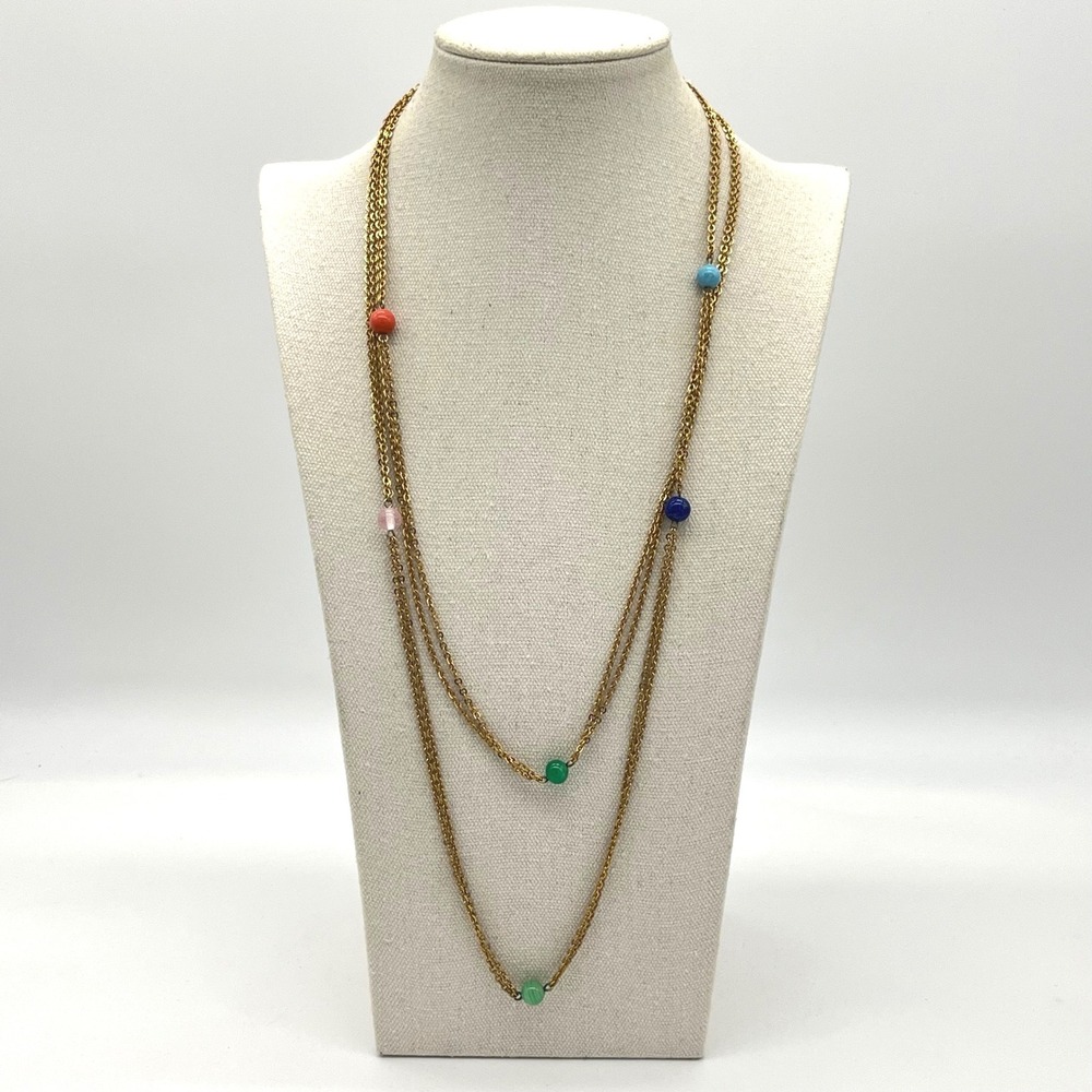 Vintage Gold Tone Multi Strand Long Necklace Colorful Round Beads Barrel Clasp